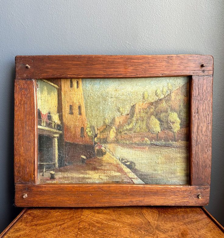 Vintage French River Scene Oil Painting, Wood Framed French Oil Painting Of A Street Scene Along A River,